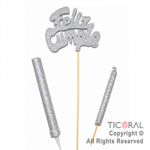 ADORNO DE TORTA SET FELIZ CUMPLE CON BENGALA Y VELA 9 CM GIBRE PLATA x 1